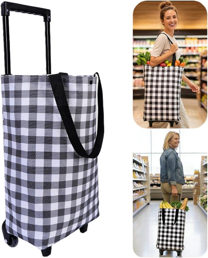 Rolling Shopping Bag, Small Shopping Cart with Wheels,Collapsible Portable Waterproof Tote for Market & Grocery Runs–Gift for Women & Seniors (Grey)