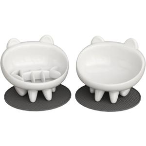 2 Pack Elevated Slow Feeder Cat Bowls  Whisker-Friendly Tilted Ceramic Bowls Anti Vomiting, Raised Feeding Station with Anti Slip Mat, Ideal for Senior Cats & Small Dogs (White)