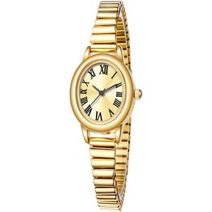 Women's Small Gold-Tone Watch - Vintage Oval Roman Numeral Dial, Quartz Movement, Stainless Steel Expansion Band, Water Resistant (2 Sizes) (5.91in-6.7in)