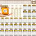 BIGIVACA 6 oz Mini Honey Jars - 30 Pack Hexagon Glass Jars with Wood Dippers, Gold Lids, Bee Pendants, Jutes, Stickers for Wedding Favors, Party Favors, Candle Making