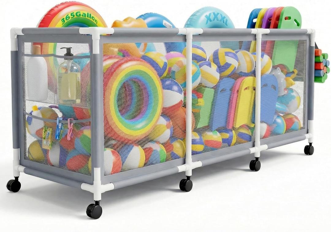 Jotesnew 365 Gallon 103" L Extra Large Swimming Pool Storage Bin, Pool Noodles Holder, Toys, Floats, Balls and Floats Equipment Mesh Rolling Storage Organizer Bin, 103" Lx32 Wx35 H (Gray)