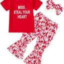 Tinypainter Girl Valentines Day Outfit Letter Tee Shirt Love Heart Bell Buttoms Pants Headband Clothes Set 3/4Y (Miss. Steal Your Heart-red)