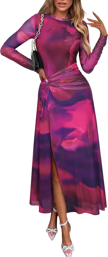 ECOWISH Long Sleeve Midi Formal Dress Women Fall Ruched Bodycon Party Cocktail Club Mesh Dresses Crewneck Floral Tie Dye Slit (Purple, S)