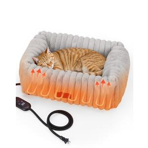 PETEMPO Heated Cat Bed Indoor, Pet Bed with 6 Temperature & 5 Timer Settings, Fluffy Cat Couch with Removable MachineWashable Cover for Dogs Kitten Puppy in Winter, UL & FCC Certified, Small, Grey