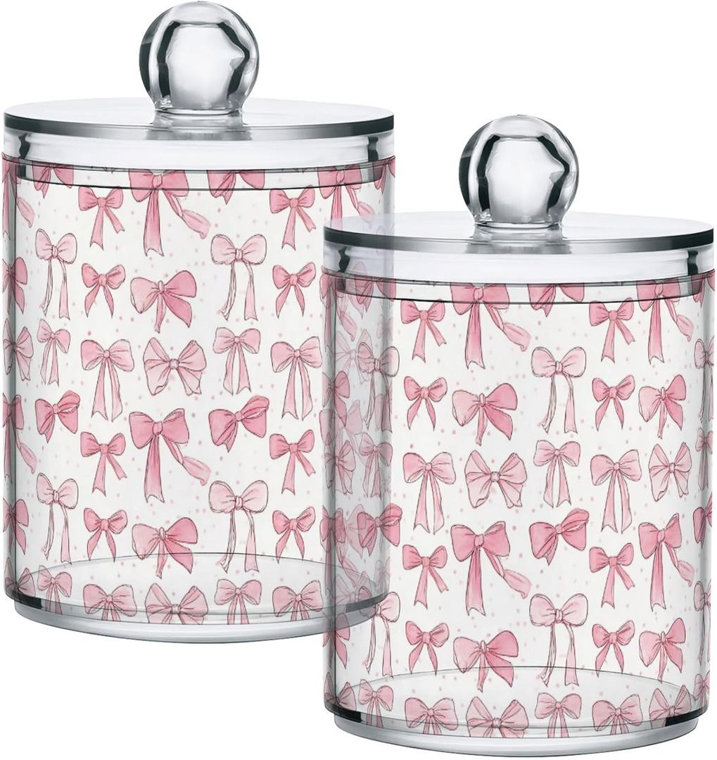 Gredecor 2 Pack Qtip Holder Clear Aesthetic Pink Ribbon Bow Doodle Apothecary Jars with Lids Acrylic Bathroom Jars Vanity Countertop Canister Storage Organizer for Cotton Ball,Swabs,Pads,Floss