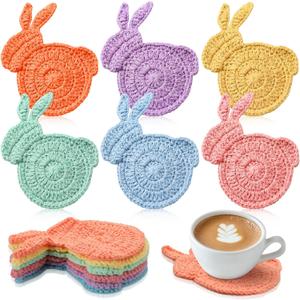 6 Pcs Easter Bunny Crochet Coaster Set 5.1 x 6.7 Inch Rabbit Handmade Woven Cup Pad Mats Gift Kit for Spring Holiday Kitchen Home Office Bar Desk Table Decor