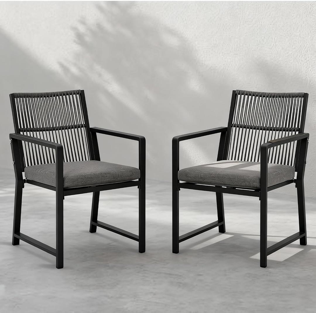 Outdoor Patio Wicker Rattan Dining Chairs, Heavy-Duty Wrought Iron Frame Supports 400lbs, Ergonomic Backrest, Detachable Breathable Cushion, for Garden & Porch, Black, Set of 2