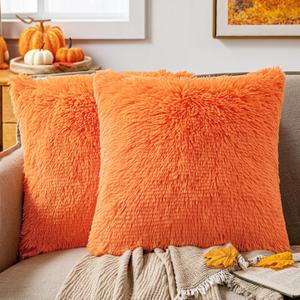 ANRODUO Pack of 2 Fall Pillow Covers Orange Throw Pillows Luxury Fluffy Pillows Faux Fur Decorative Pillows Plush Cushion Case Fuzzy Mongolian Merin Style Couch Sofa Living Room Halloween 18x18 Inch