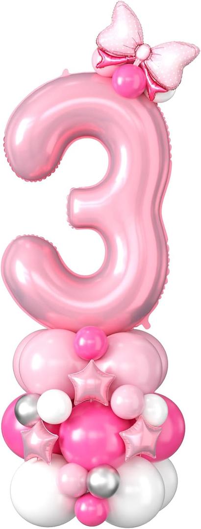 40 Inch Pink Number 3 Balloon for 3rd Birthday Decoration Pastel Baby Pink Number Three Foil Balloon Tower Giant Large Digit Hot Pink White Helium Balloons Stack for Girl Third Anniversary Party