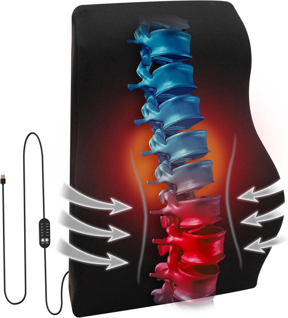 Mind Reader Heated Air-Cloud Lumbar Cushion, Ergonomic Memory Foam Back Support Pillow with Adjustable Heat Settings and Timer, Black