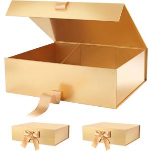 PACKHOME Mother's Day 17x14.5x5.5 Inches, 3 Extra Large Gift Boxes with Lids, Magnetic Closure Boxes with Ribbon for Clothes and Large Gifts (Glossy Gold), 1 Count