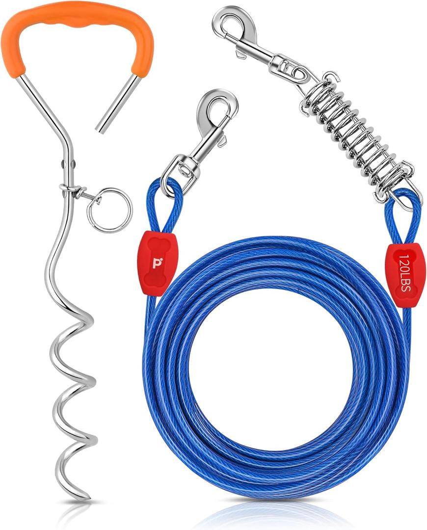 Petbobi Dog Tie-Out Cable and Stake - 30ft Heavy Duty Cable with Spring, No Tangle, 16in Ground Stake, Ideal for Yard, Camping and Beach, Suitable for Small Medium Large Dogs Up to 120 lbs, Blue (30 ft / 120 lbs)