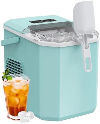 Ice Maker Countertop, Portable Ice Machine with Carry Handle, Self-Cleaning Ice Makers with Basket and Scoop, 9 Cubes in 6 Mins, 26 lbs per Day, Ideal for Home, Kitchen, Camping, RV, Green