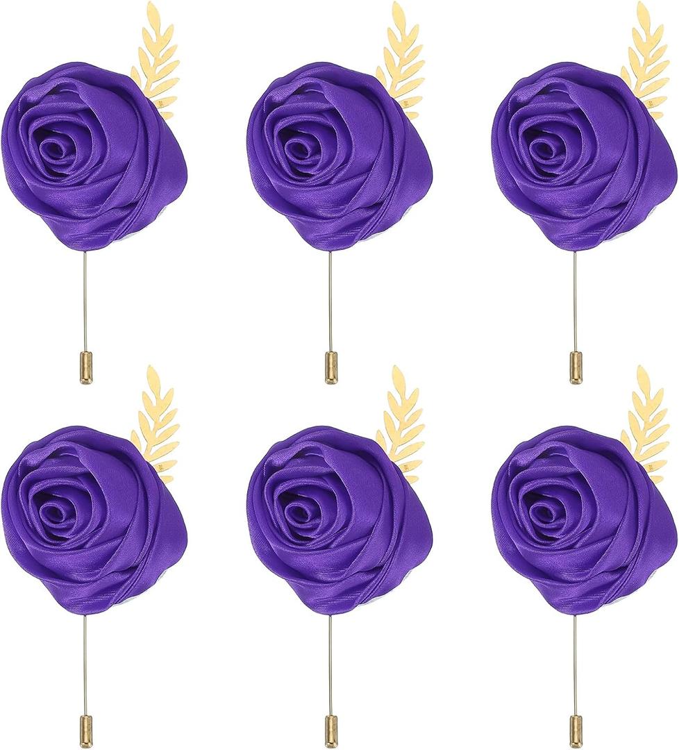 MECCANIXITY 6 Pcs Groom Boutonnieres Rose Boutonnieres Pins for Men Wedding Ceremony Anniversary Prom Formal Party, Deep Purple(4.7"x2")