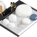 Roll Up Dish Drying Rack Over Sink, 17.5" x 15.2" Foldable SUS304 Stainless Steel Kitchen Dish Drainer, Heat-Resistant Multipurpose Rolling Sink Rack Organizer,Black