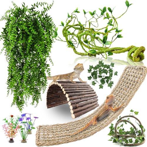 RUNANIA Bearded Dragon Tank Accessories, 7 PCS Reptile Hammock Plants Bridge Jungle Climber Vines for Snakes Bearded Dragon Chameleon Gecko Lizard