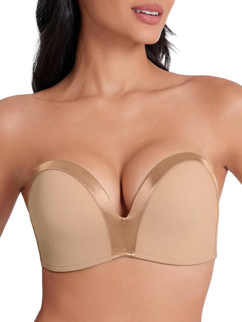 Women's Wireless Strapless Bra Push Up Lightly Padded Bandeau Bras Non-Slip Silicone Smoothing Convertible Bralette(Nude,32D)