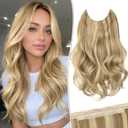KooKaStyle Invisible Wire Hair Extensions Long Wavy Layered Synthetic with Transparent Wire Adjustable Size 6 Secure Clips Hairpieces for Women 16 Inch (16 Inch, Light Brown mix Golden Blonde)