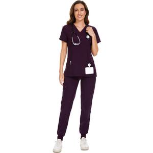 COZYFIT Scrubs for Women Set - Stretch V-Neck Scrub Top & Jogger Pant with 8 Pockets (Large, Dark Purple)