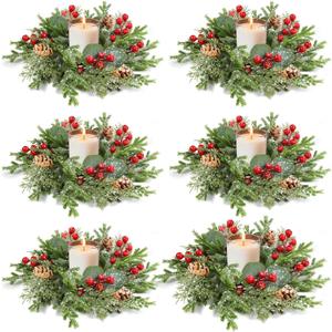 6Pcs Flocked Christmas Candle Rings Wreaths, 10"x3.5" Perfect PE Small Mini Christmas Wreath with Snowy Pinecones&Red Berries Cedar Eucalyptus Cypress Wreath Candle Holders for Table Centerpiece Decor