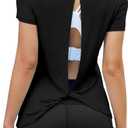 Mippo Open Back Workout Tops for Women Soft Short Sleeve Athletic Yoga Gym T Shirts (Medium, Black)