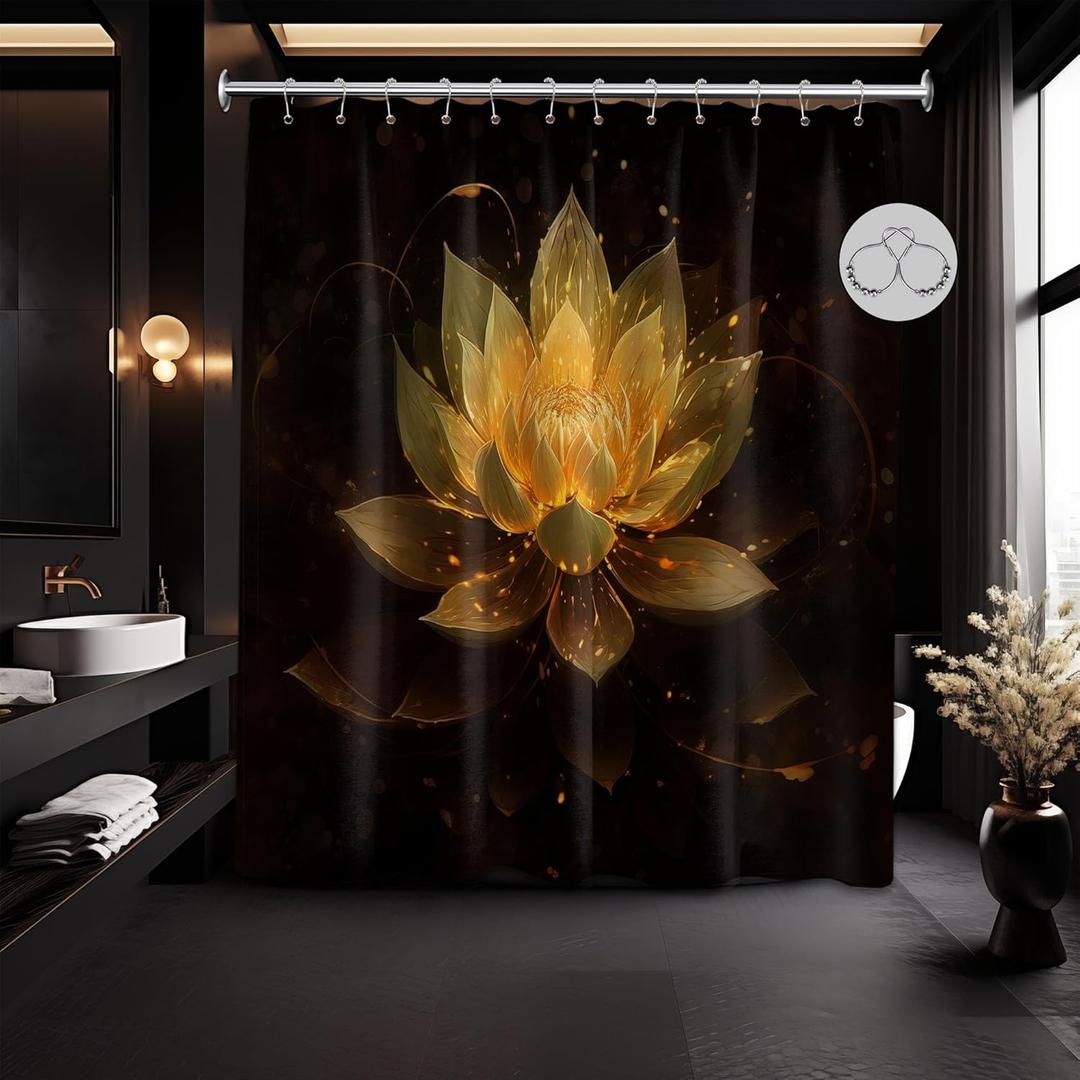 Black and Gold Shower Curtain Yellow Golden Lotus Flower Shower Curtains for Bathroom Decor Sets, Waterproof Cloth Fabric with Hooks, 70x78in