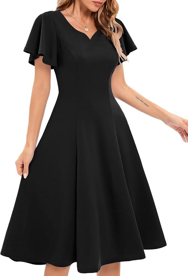 HomRain Casual Ruffle Sleeve V-Neck Dress Semi Formal Knee Length Cocktail Dress for Women, Black,Size  XL