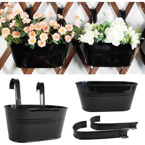 2 Pack Metal Hanging Planter for Outdoor Plants, 10 Inch Black Fence Planters Railing Pots for Garden Patio Balcony Decor, Flower Bucket with Detachable Hooks (Black, 2Pcs)