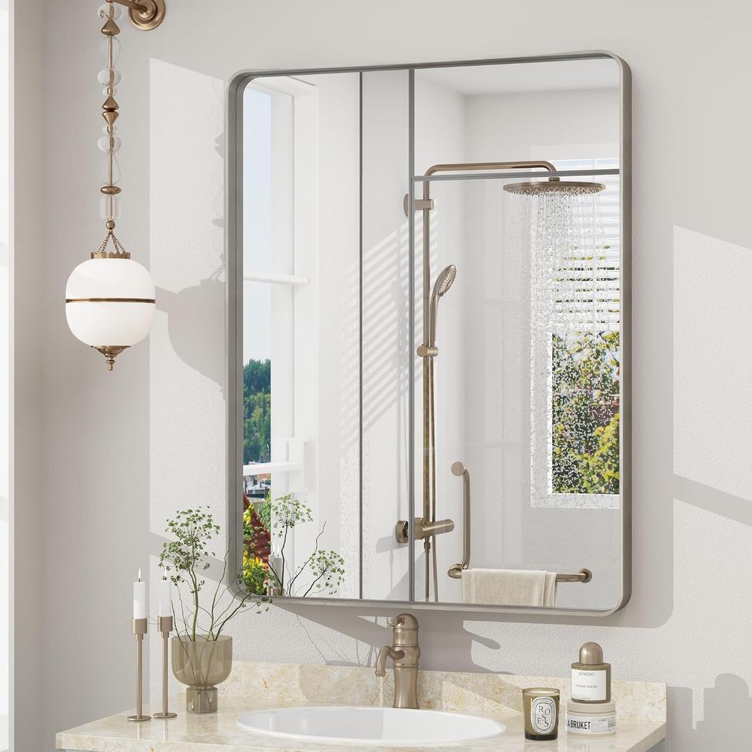 22x30 Inch Silver Bathroom Mirror, Brushed Metal Framed Vanity Mirror for Wall, Rounded Corner Rectangle Mirror, Anti- Rust (Horizontal/Vertical)