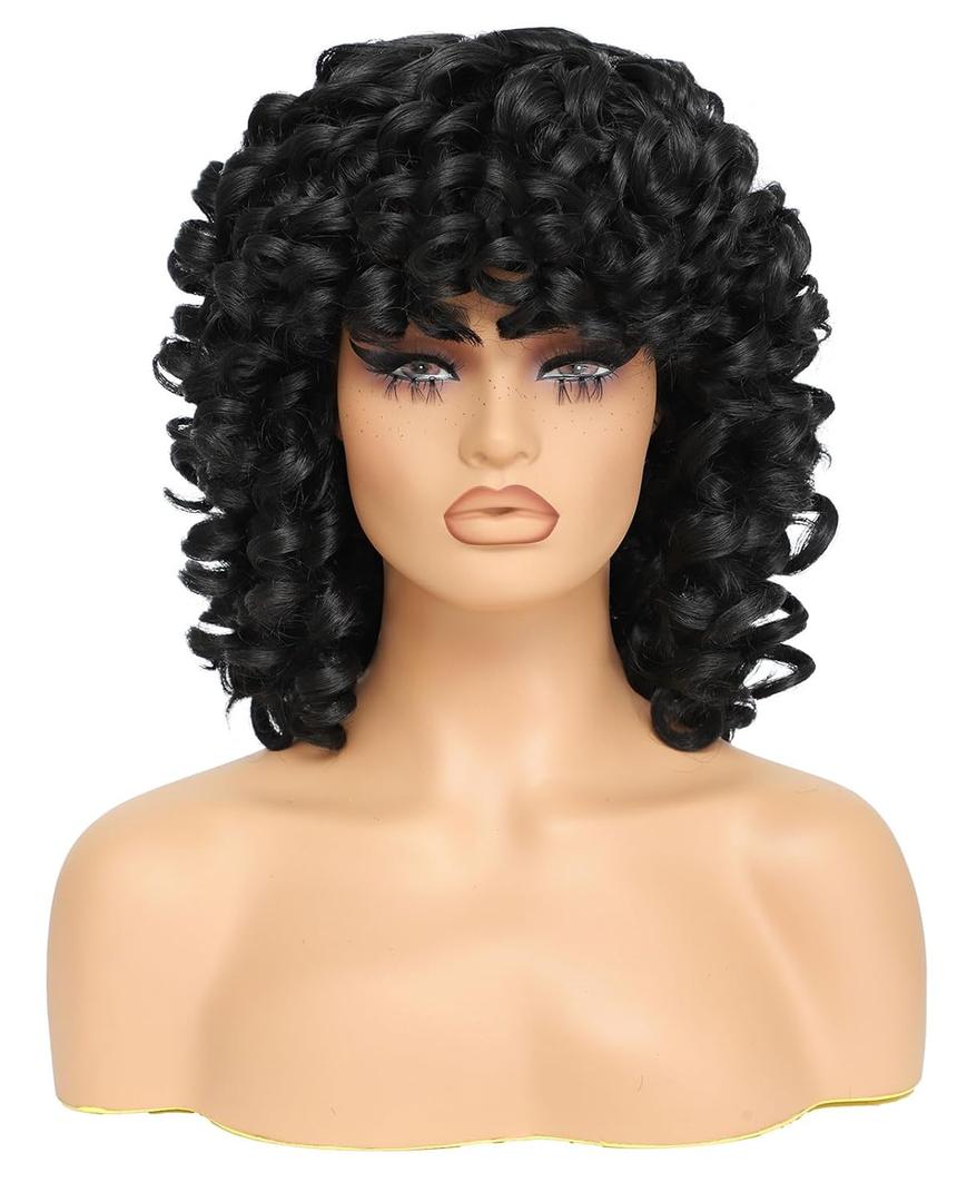 GKtineke Short Curly Wig with Bangs Full Loose Curly Wigs for Black Women Big Curly Wig Soft Fluffy Natural Synthetic Hair for Daily and Party (Black)