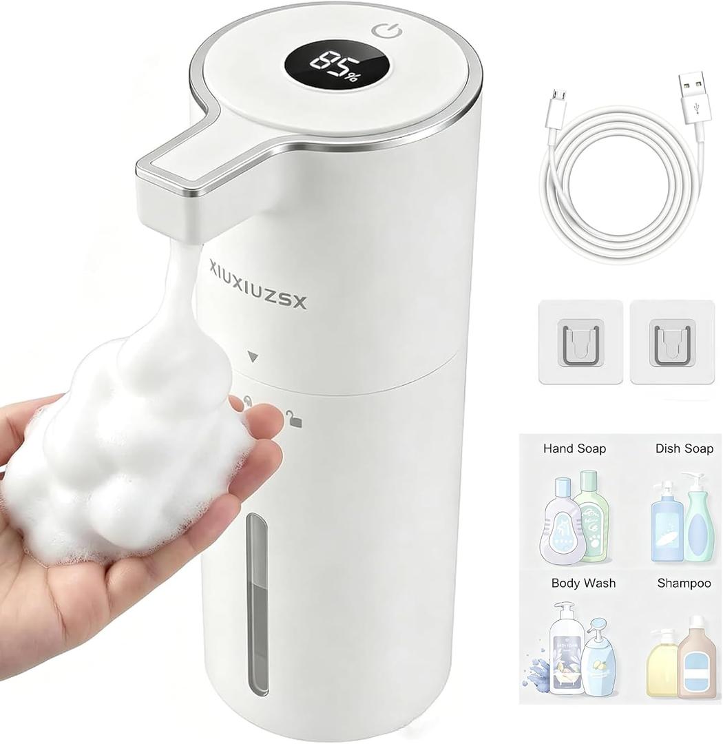 Automatic Foaming Soap Dispenser Touchless Upgrade Pump Uneasy Plugging Wall Mounted USB Rechargeable, 4-Level Adjustable 13.52oz Modern Electric Hand Soap Dispenser Kitchen Bathroom Kids Family White
