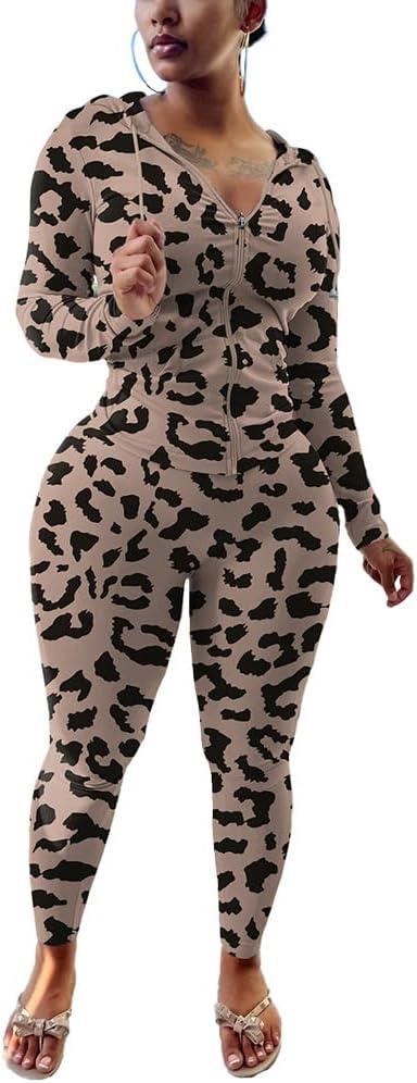 Nimsruc Two Piece Outfits For Women Long Sleeve Bodycon Tracksuit Casual Sweatsuits Jogger Sets (Small, Leopard Print)