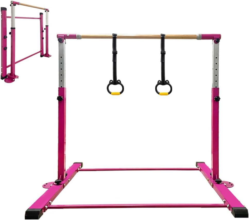 Gymnastics Bar for Kids Girls Ages 3-15 with Ring for Home Indoor Training Equipment- Steady Steel Construction, Anti-Slip, Easy to Assemble, 3' to 5' Adjustable Height (4.8FT, DARK PINK)