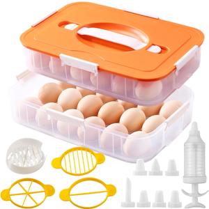 2 Layer Deviled Egg Containers with Lid, 36 Slots Deviled Egg Tray Carrier with Handle and Injector Piping Tool, Fridge Stackable Portable Clear Storage Egg Platter for Party Picnic Travel (Orange)