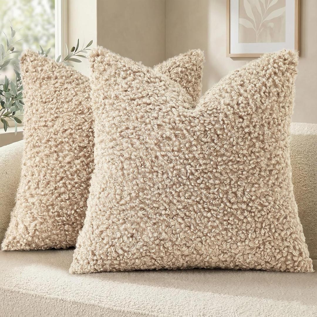 DecorUhome Pack of 2 Throw Pillow Covers 24x24 Inch, Faux Fur Decorative Sherpa Pillow Covers Fuzzy Accent Soft Sheepskin Fleece Pillow Cases for Couch Living Room Bed, Neutral Oatmeal