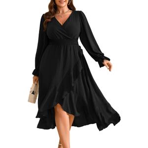 RWJ Women's Plus Size Wedding Guest Maxi Dress Wrap V Neck Long Sleeve High Low Ruffle Cocktail Fall Dresses (Color: Black) (Size: 4XL)