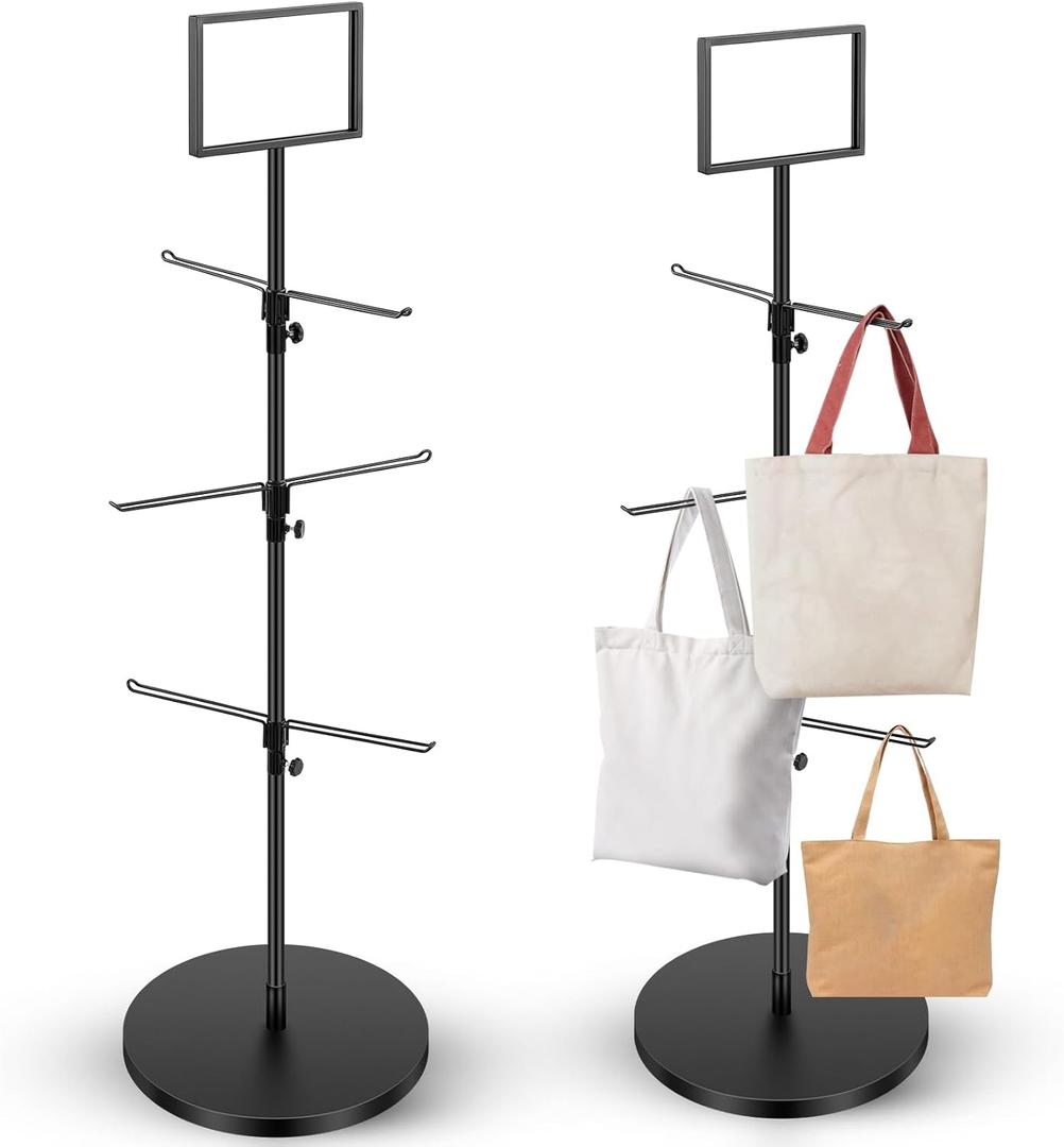 Tandefio Tote Bag Rack with Signboard Heavy Duty Shopping Bag Metal Rack 57 3/4" H 3 Tier Adjustable Hooks Bag Stand Handbag Grocery Display Rack for Retail Store Trade Show Boutique Small Business