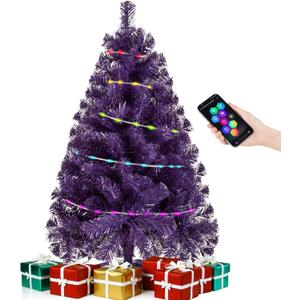 Small Purple Christmas Tree with Lights  23 Inch Mini Tabletop Christmas Tree with WarmWhite LED Lights, Hanging Ornaments, Decorative Bow and Gift Boxes  Table Tree for DIY Christmas Decoration