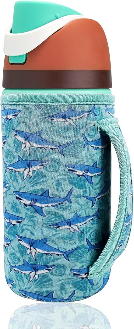 16 oz Cute Printed Sleeve Compatible for Owala Kids FreeSip Neoprene Water Bottle Compatible with Owala 16 Ounces Protective Cover With Handle Designed for Boys Girls Travel SchoolShark