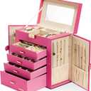 Homde Synthetic Leather Huge Jewelry Box Mirrored Watch Organizer Necklace Ring Earring Storage Lockable Gift Case (Pink + Gold)