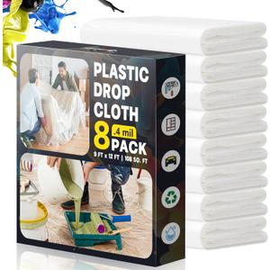 Plastic Drop Cloths for Painting, 9x12 Ft Extra Large Painting Supplies, Plastic Sheet Dust Cover for Furniture, Floor, Couch Protector (8-Pack)