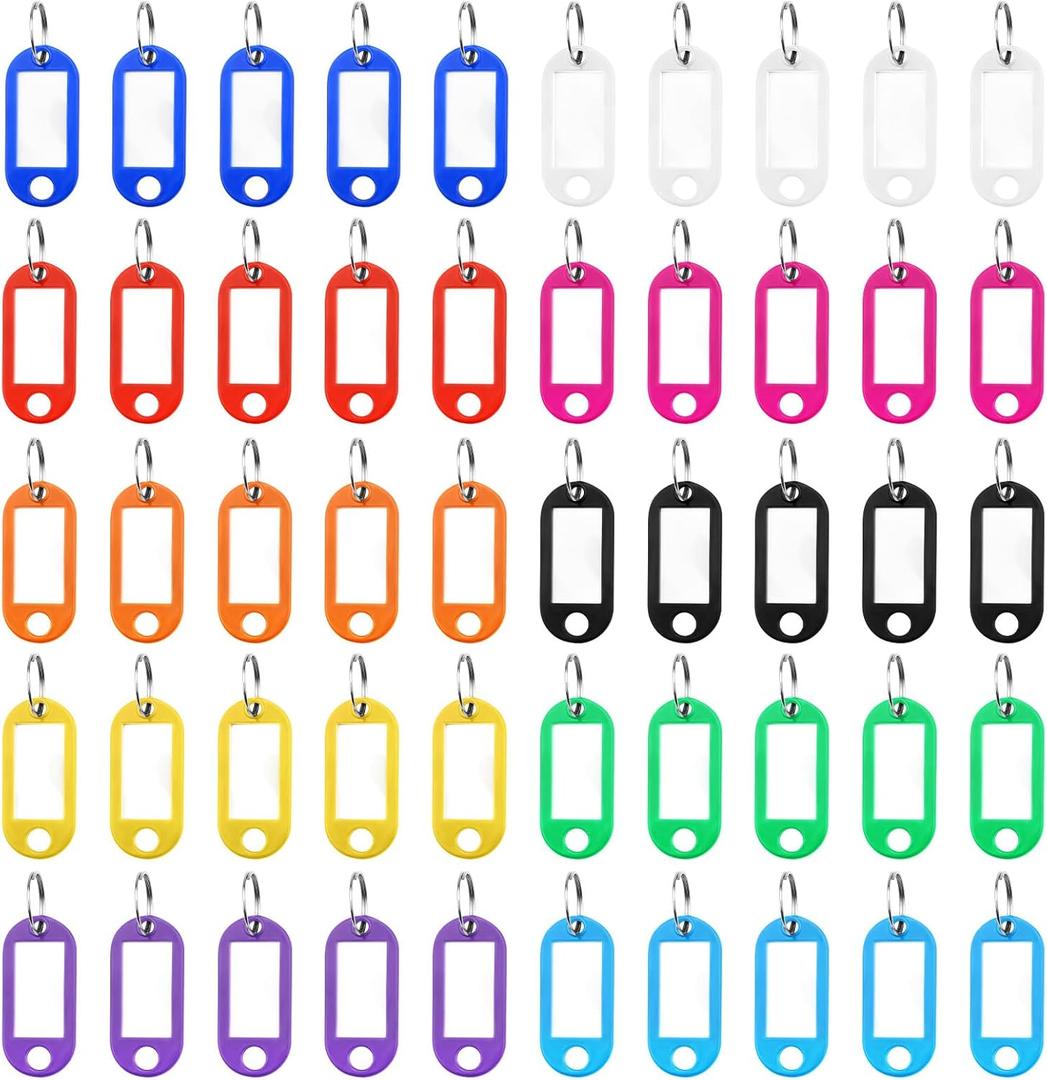 NACHLYNN 50 Pack Plastic Key Tags with Key Ring and Tag Combinations for Keychains Pet Identification Luggage (50, Multicolor, 2 x 0.85 in)