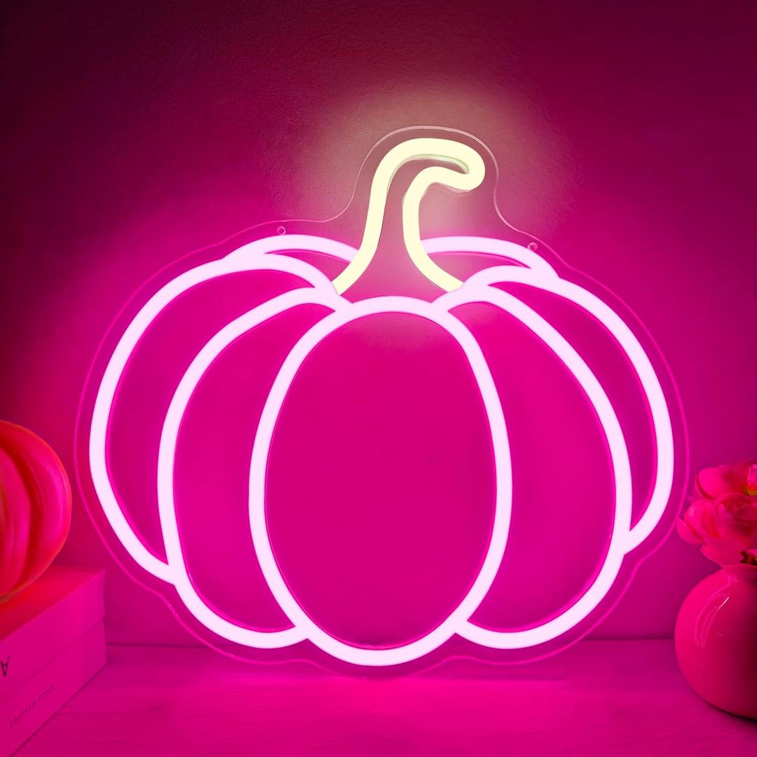 Pink Halloween Neon Signs for Wall Decor Pink Pumpkin Neon Light Led Signs for Bedroom Wall Dimmable Led Pumpkin Lights Up Sign for Girls Room Thanksgiving Party Pinks Halloween Decorations