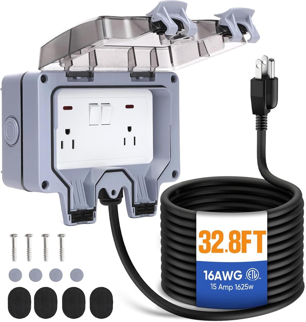 Outdoor Power Outlet,Outdoor Extension Cord Waterproof Double Wall Outlet Extender with On-Off Switch and Indicator Light Exterior Electric External Power Outlet,Outside Outlet (32.8FT)
