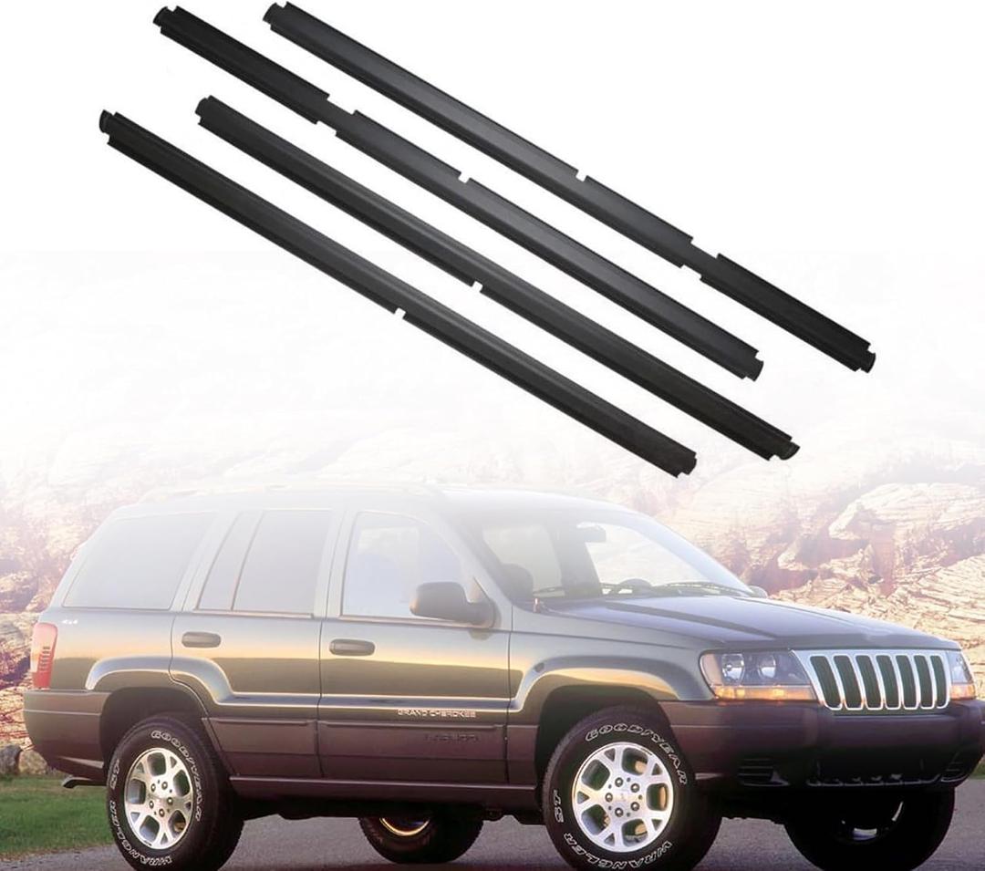 Outer Door Window Sweep Molding Trim Weatherstrip Seal Belt Kit Compatible with 1999-2004 Jeep Grand Cherokee 4-Door Front & Rear - Window Outer Dew Wipe Weatherstrip Kit