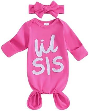 Merqwadd Lil Bro/Sis Newbron Boy Girl Gown Knotted Romper Infant Coming Home From Hospital Outfit (0-3 Months, Party Pink)
