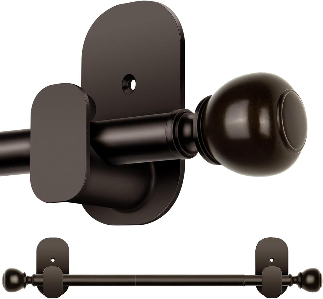 USFOOK Adjustable Curtain Rods for Windows No Drilling 32 to 58 Inch, 5/8 Inch Drapery Rod with 3M Adhesive Brackets, Renter Friendly Curtain Pole with Bronze Round Finials