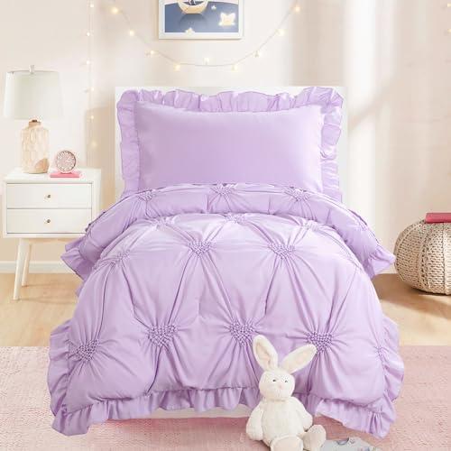 HOMBYS 4 Pieces Purple Princess Toddler Bedding Set for Girls Kids, Ultra Soft Pinch Pleat Comforter Set with Ruffles for All Season