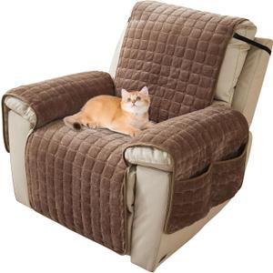 Plush Recliner Slipcover 23 Inches - Washable & Quilted Faux Wool Cover for Lazy Boy Chairs & Furniture. with Side Pockets, Large Recliner Chair Covers, Safe for Children/Pets,Coffee