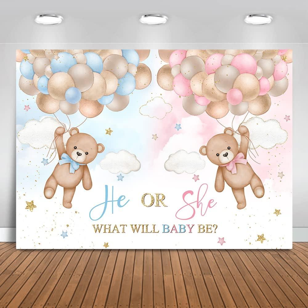 Mocsicka Gender Reveal Backdrop, 7x5ft, Blue, Vinyl Fabric, Photo Booth Props, Cake Table Decoration, We Can Bearly Wait